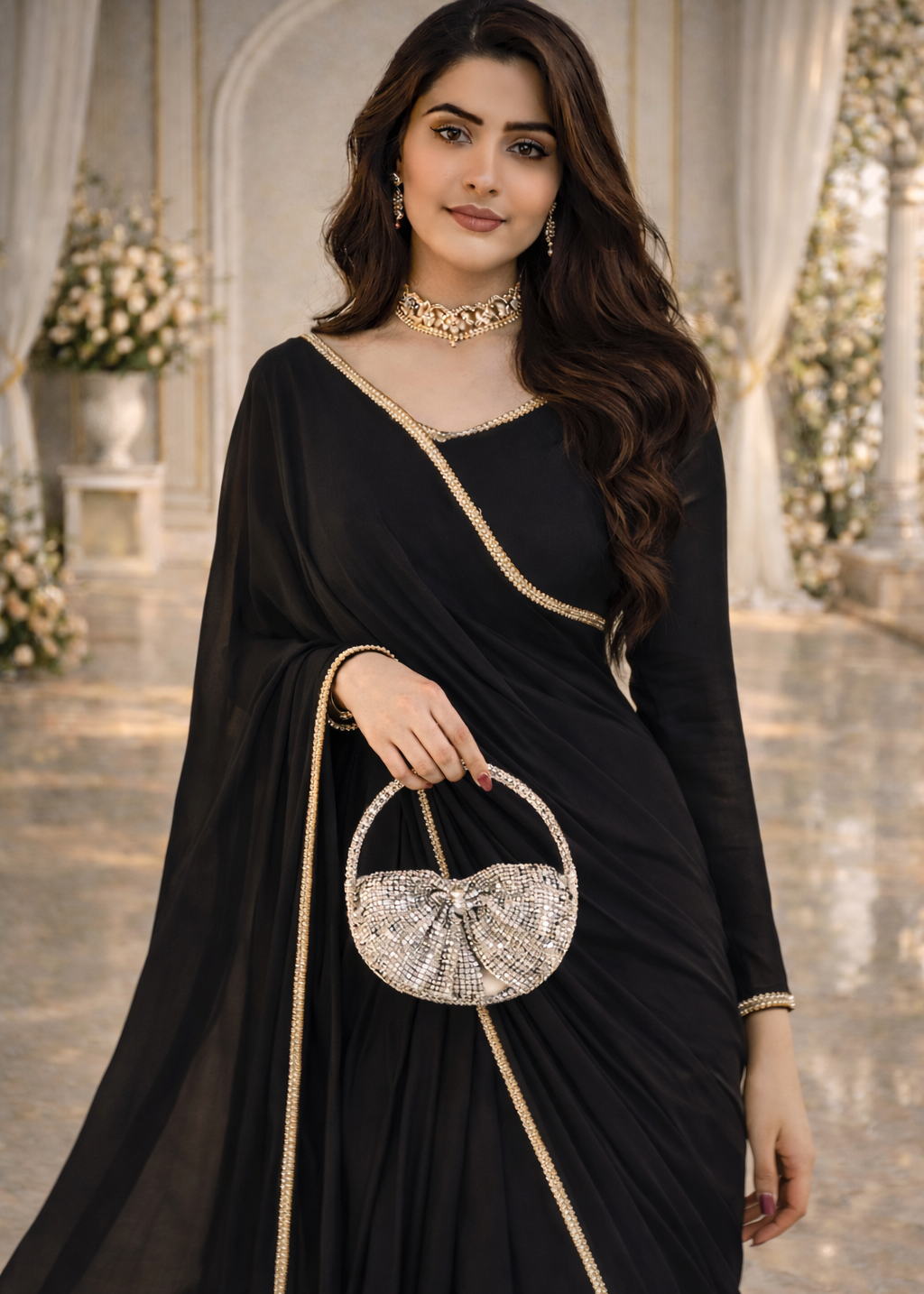 The Smoke & Silver Lace Bordered Chiffon Saree (Ready to Wear)