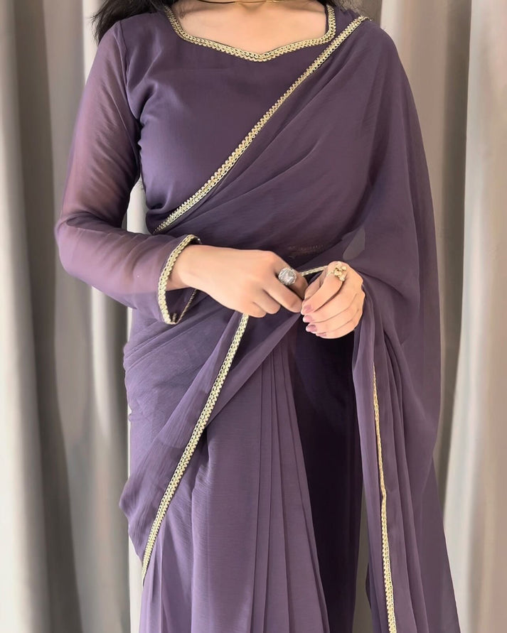 The Smoke & Silver Lace Bordered Chiffon Saree (Ready to Wear)