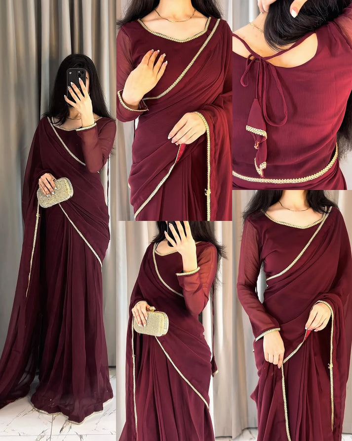 The Smoke & Silver Lace Bordered Chiffon Saree (Ready to Wear)