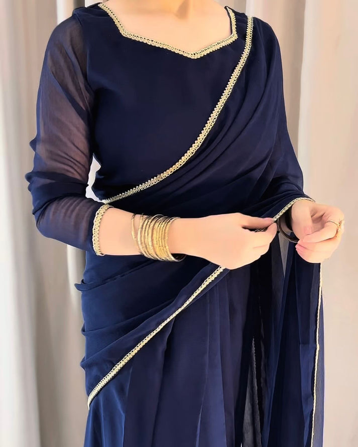 The Smoke & Silver Lace Bordered Chiffon Saree (Ready to Wear)
