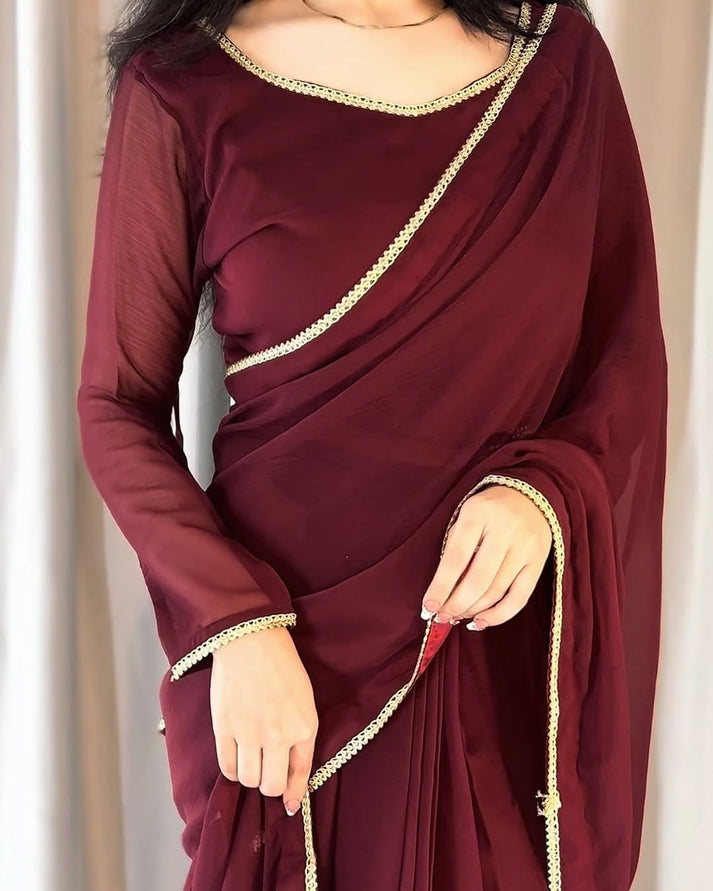 The Smoke & Silver Lace Bordered Chiffon Saree (Ready to Wear)