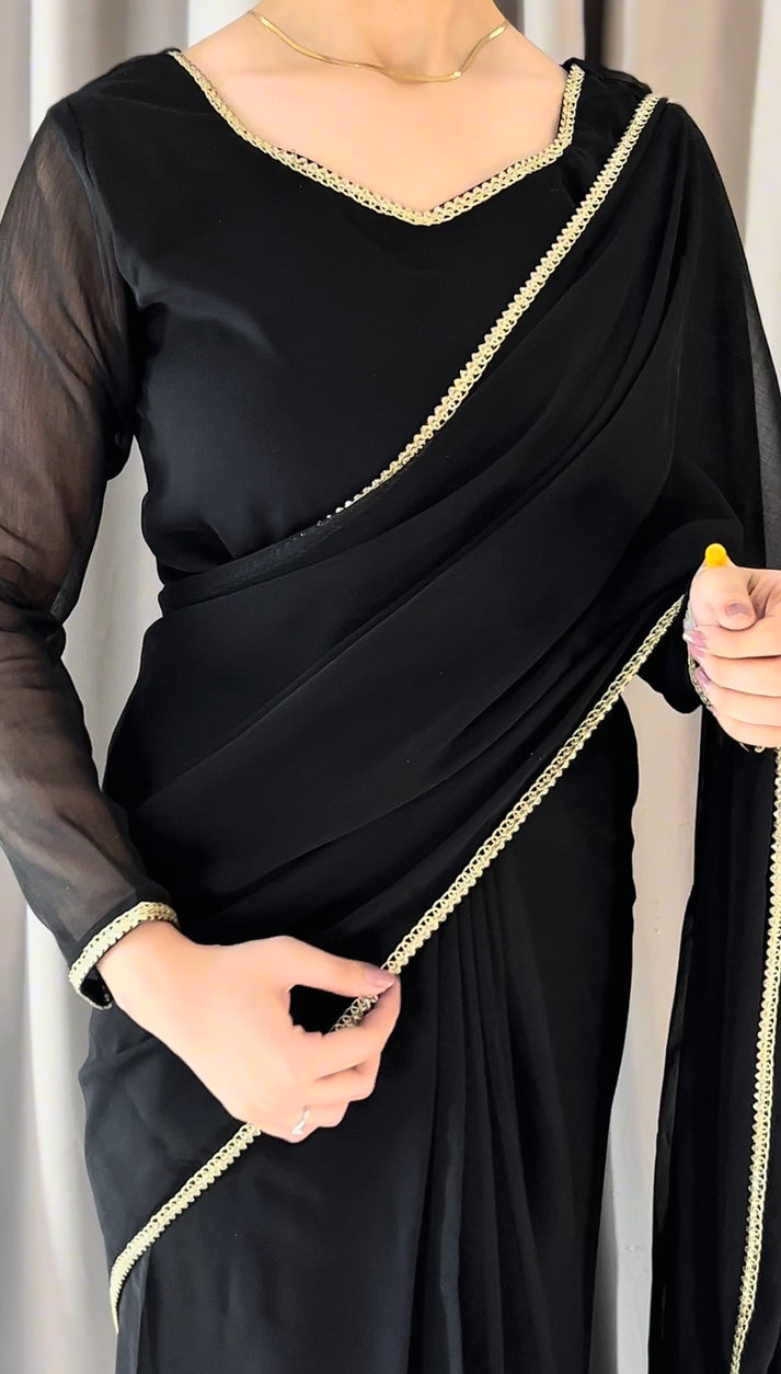 The Smoke & Silver Lace Bordered Chiffon Saree (Ready to Wear)