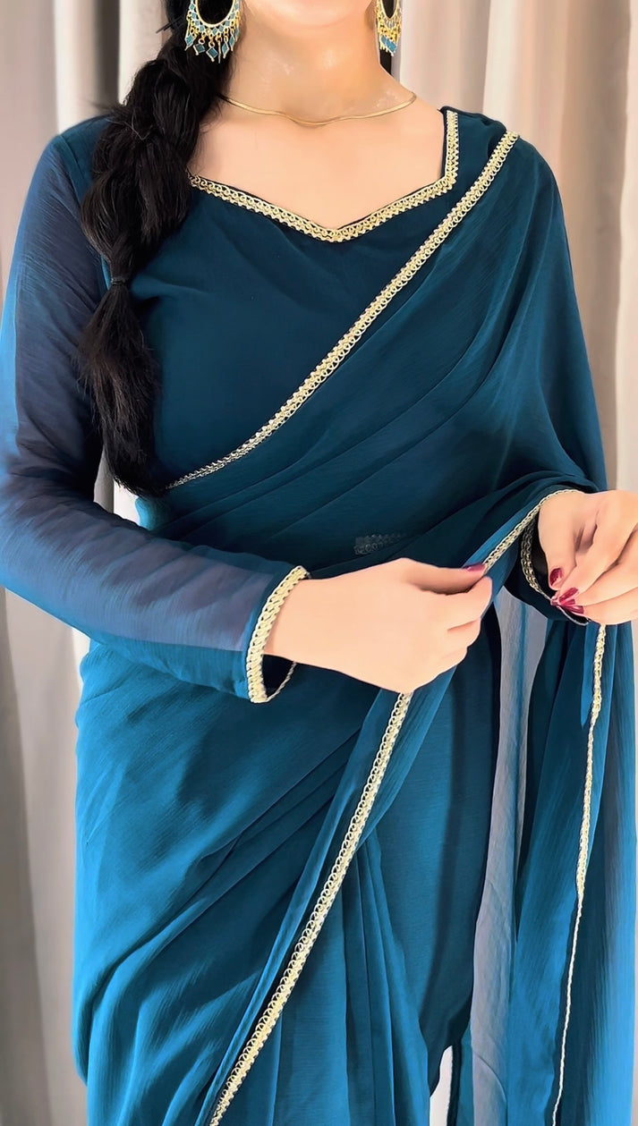 The Smoke & Silver Lace Bordered Chiffon Saree (Ready to Wear)